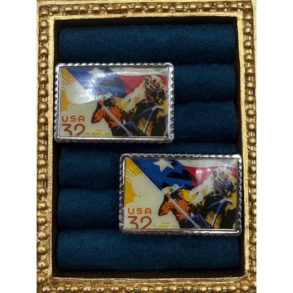 Penny Black Forty Cufflinks OS USA 32 Stamp Texas Cowboy Western Americana Retro